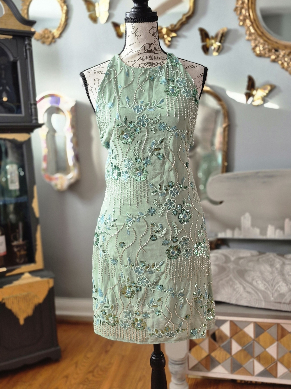 70s Vibe Mint Green Halter Cocktail Dress Medium